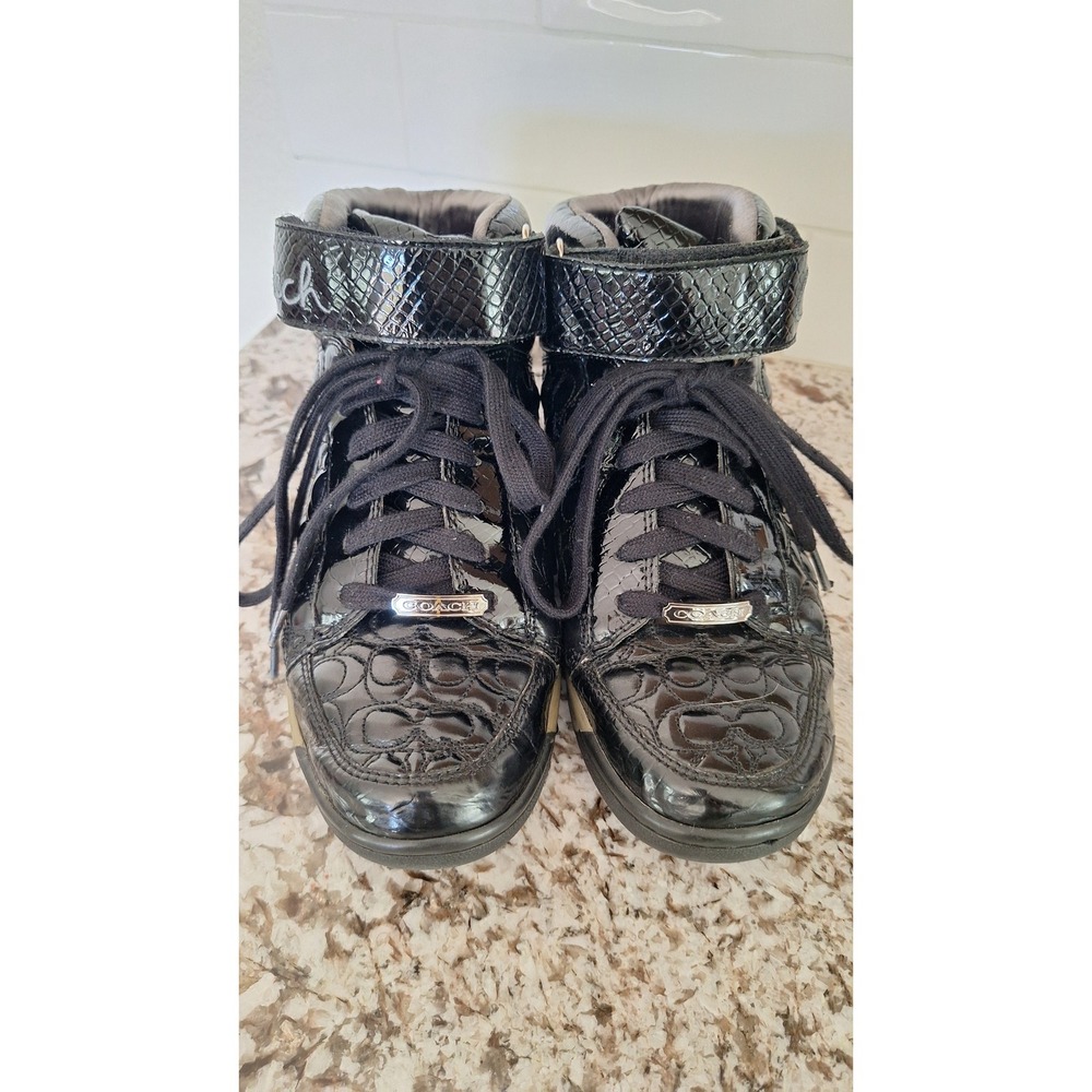 Coach Womens Black Patent Leather Embossed Logo‎ High Top Sneakers Ankle Strap